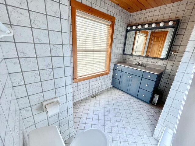 bathroom with tile walls, vanity, plenty of natural light, and toilet