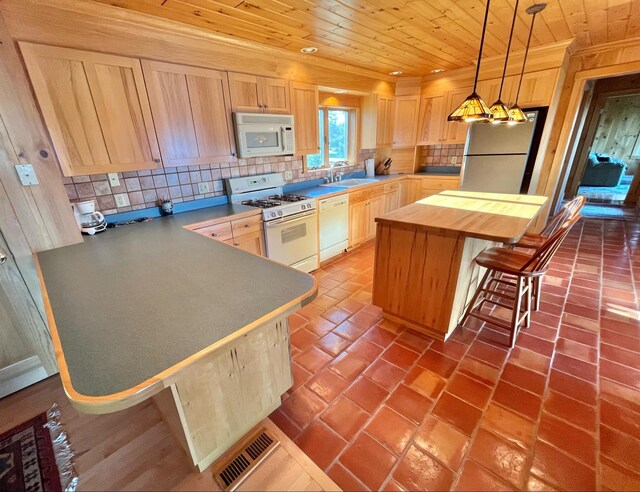 kitchen with white appliances, light brown cabinets, sink, decorative backsplash, and wood ceiling