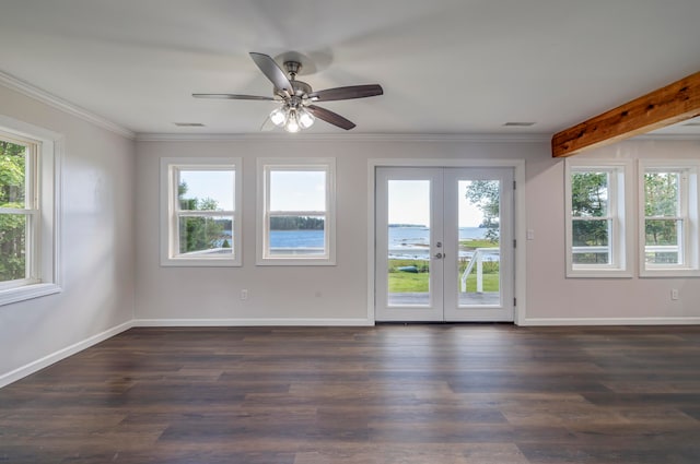 unfurnished room with ceiling fan, french doors, dark hardwood / wood-style flooring, and a healthy amount of sunlight