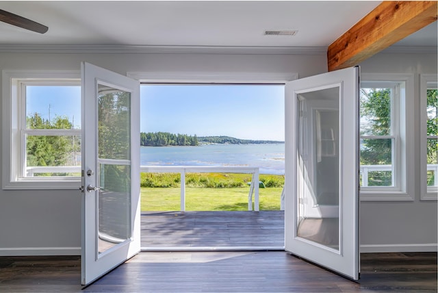 doorway to outside with beam ceiling, french doors, a water view, and dark hardwood / wood-style flooring