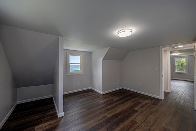 additional living space featuring lofted ceiling and dark hardwood / wood-style flooring