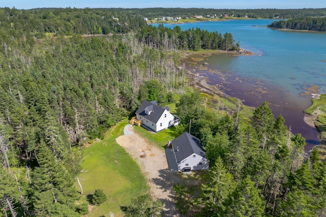 bird's eye view with a water view