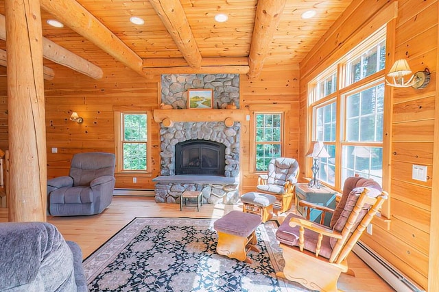 living room with a stone fireplace, wooden ceiling, wooden walls, wood finished floors, and beam ceiling