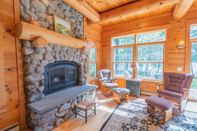 sitting room with beamed ceiling, wood walls, wooden ceiling, and hardwood / wood-style flooring