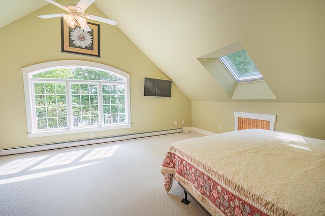 bedroom featuring a baseboard heating unit, carpet flooring, and lofted ceiling with skylight