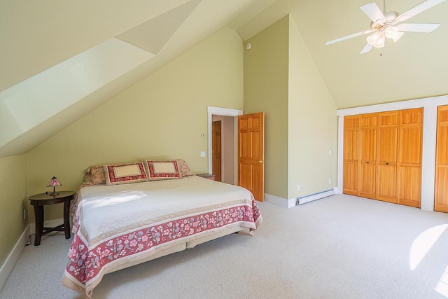 bedroom featuring ceiling fan, high vaulted ceiling, a baseboard radiator, light colored carpet, and baseboards