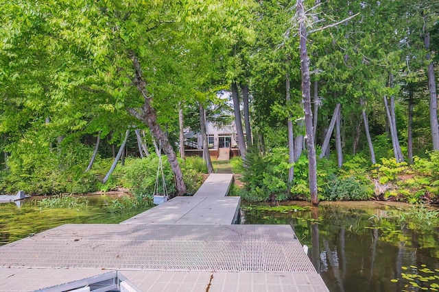 surrounding community with a dock and a water view