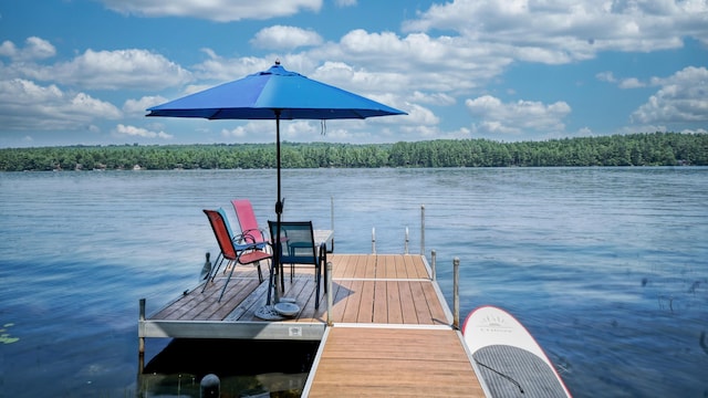 dock area with a water view and a wooded view