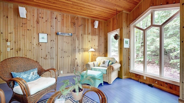 sitting room featuring wood finished floors, wood ceiling, and wooden walls