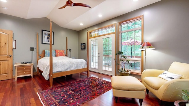 bedroom featuring dark wood-style flooring, access to exterior, vaulted ceiling, french doors, and recessed lighting