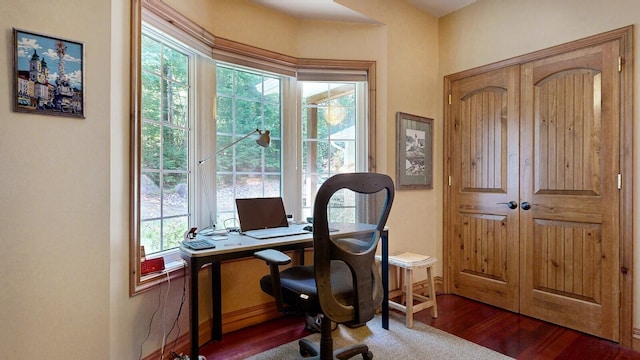 home office with dark wood-style floors