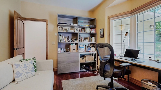 home office featuring dark wood-type flooring and plenty of natural light