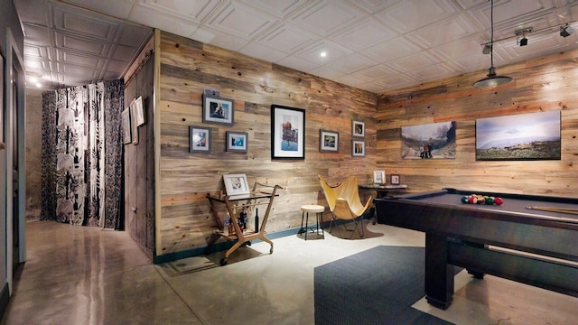 game room featuring wood walls, an ornate ceiling, and pool table