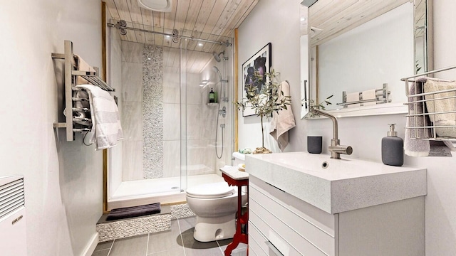 full bathroom featuring a stall shower, toilet, wooden ceiling, tile patterned floors, and vanity