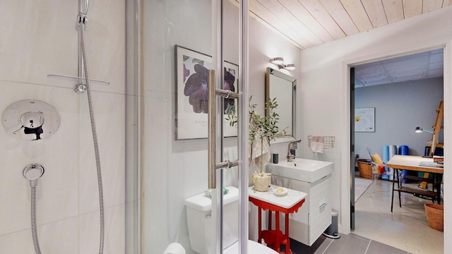 full bathroom with toilet, wooden ceiling, tile patterned flooring, vanity, and a shower stall