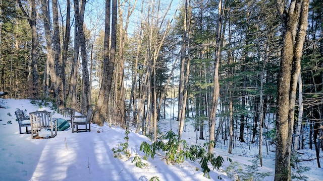 view of road featuring a wooded view