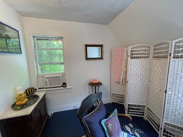 11 Sardine Way, Lubec, ME 04652 - interior space featuring baseboards, a textured ceiling, lofted ceiling, and cooling unit