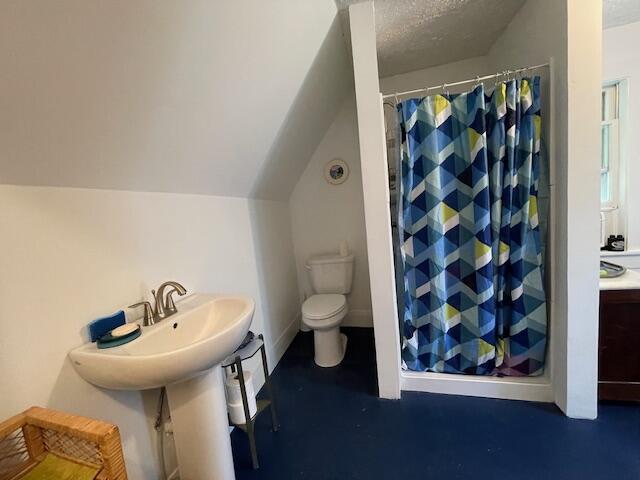 11 Sardine Way, Lubec, ME 04652 - full bath with concrete flooring, toilet, a textured ceiling, a shower stall, and vaulted ceiling