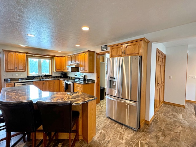 kitchen featuring brown cabinets, appliances with stainless steel finishes, a sink, and under cabinet range hood