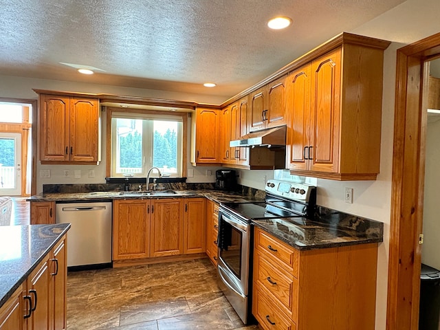 kitchen with appliances with stainless steel finishes, a healthy amount of sunlight, a sink, and under cabinet range hood