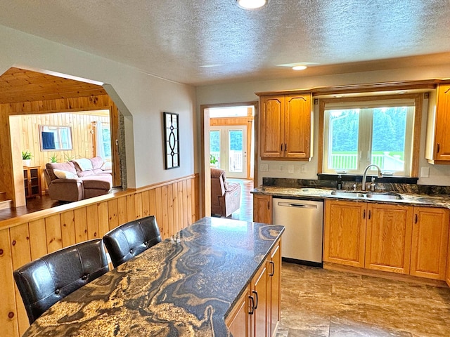 kitchen featuring dishwasher, plenty of natural light, brown cabinets, and a sink