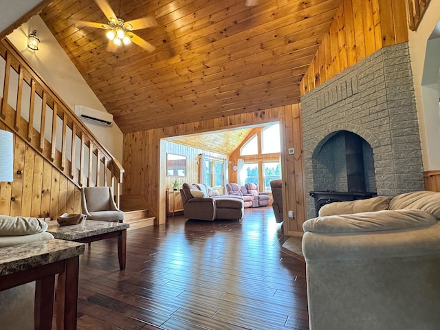 living area with an AC wall unit, dark wood-type flooring, and wooden walls