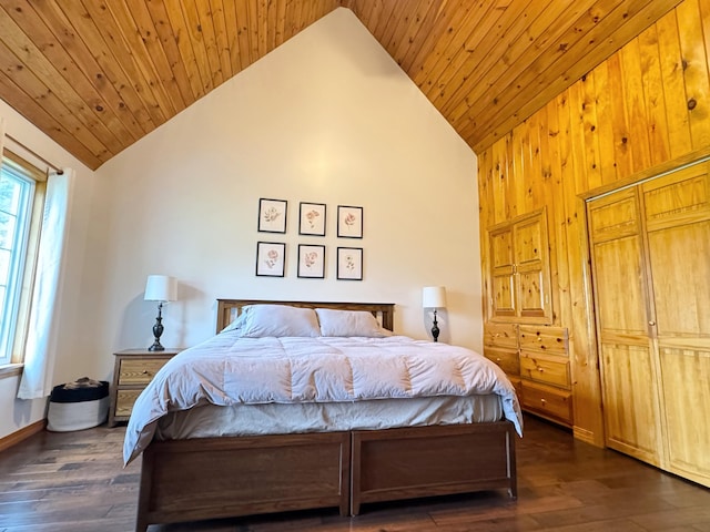 bedroom with high vaulted ceiling, dark wood-style flooring, wooden ceiling, and baseboards