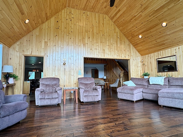 living room with wood ceiling, stairway, and hardwood / wood-style floors