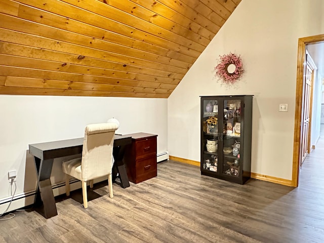 office space featuring a baseboard heating unit, wood ceiling, vaulted ceiling, wood finished floors, and baseboards