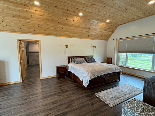 bedroom featuring lofted ceiling, wooden ceiling, baseboards, and wood finished floors