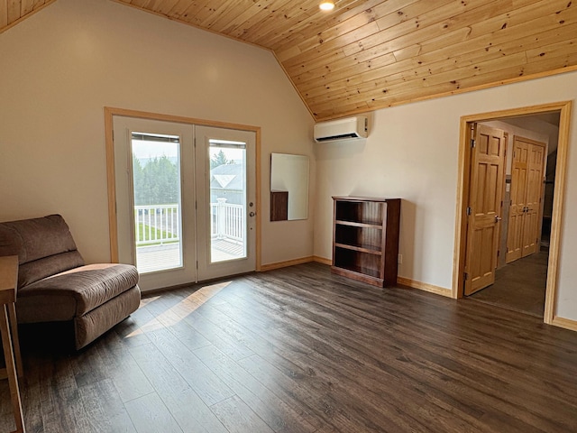 unfurnished room with lofted ceiling, dark wood-style flooring, a wall mounted air conditioner, and wooden ceiling