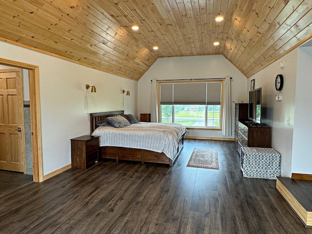 bedroom with lofted ceiling, dark wood-type flooring, and wooden ceiling