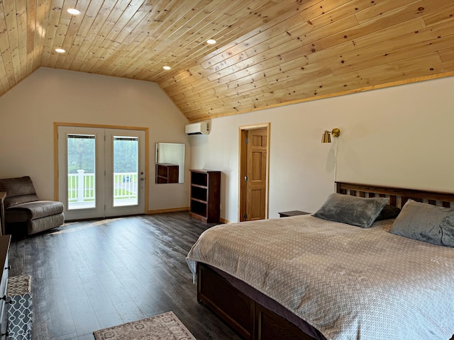 bedroom with wooden ceiling, access to exterior, vaulted ceiling, and an AC wall unit