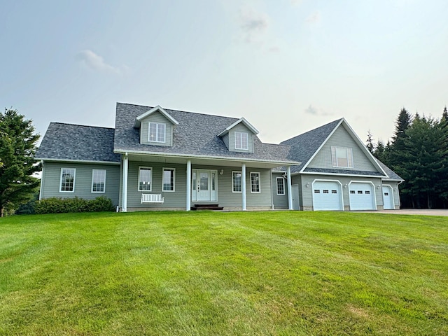 view of front of property with a porch, a front yard, roof with shingles, and a garage