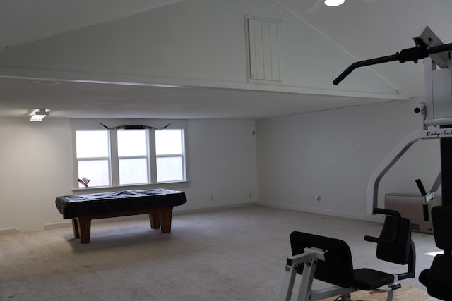 exercise area featuring light carpet and billiards