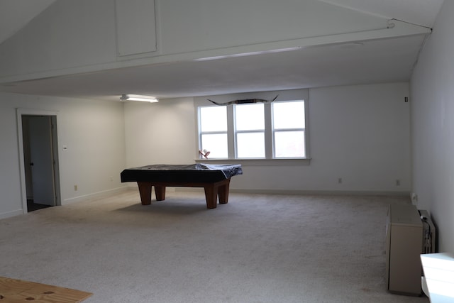 playroom with light carpet and pool table