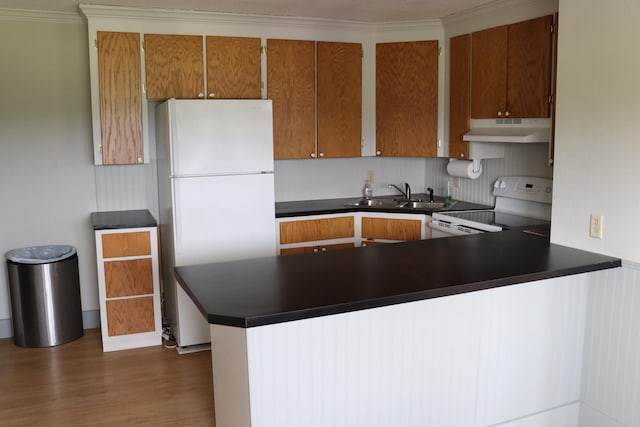 kitchen with crown molding, white appliances, sink, and dark wood-type flooring