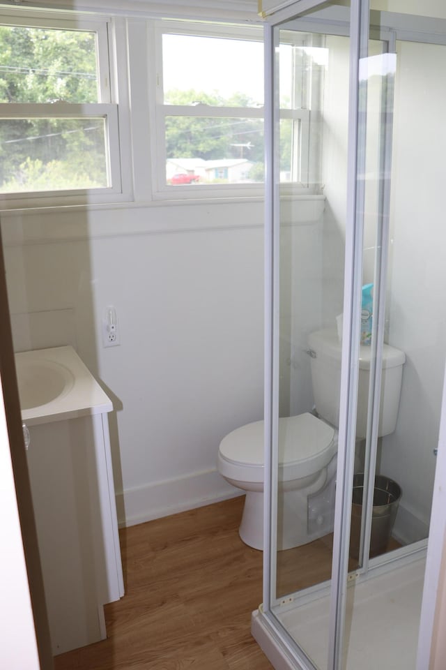 bathroom featuring wood-type flooring, plenty of natural light, vanity, and toilet