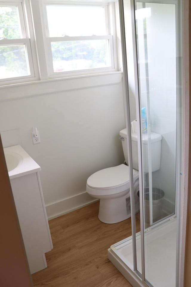 bathroom featuring wood-type flooring, plenty of natural light, vanity, and toilet