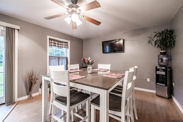 dining area featuring ceiling fan and wood-type flooring