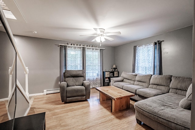 living room featuring ceiling fan, light hardwood / wood-style floors, a skylight, and a baseboard heating unit