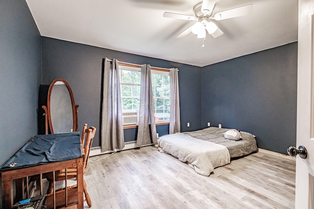 bedroom featuring light hardwood / wood-style floors and ceiling fan