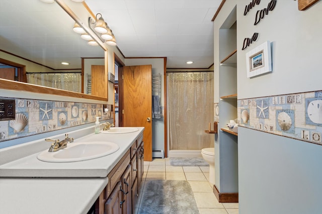 bathroom featuring a shower stall, a sink, toilet, and tile patterned floors