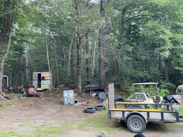 view of yard featuring a forest view