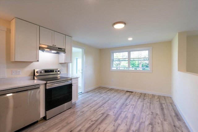 kitchen featuring stainless steel dishwasher, light hardwood / wood-style flooring, electric range oven, and white cabinets