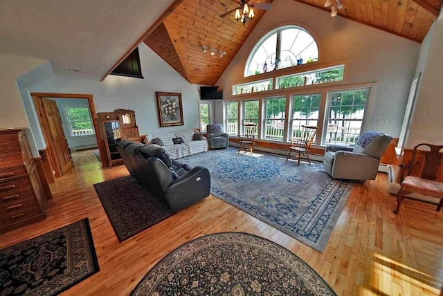 living room featuring light hardwood / wood-style flooring, wood ceiling, and plenty of natural light