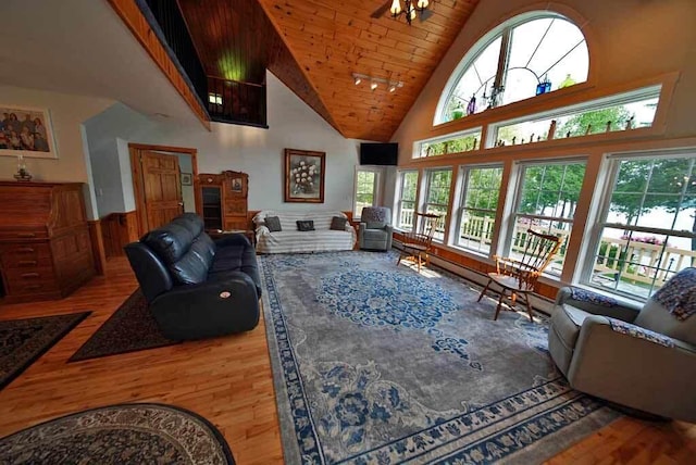 living room featuring hardwood / wood-style flooring, high vaulted ceiling, and wood ceiling