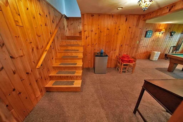 game room featuring carpet floors, billiards, and wooden walls