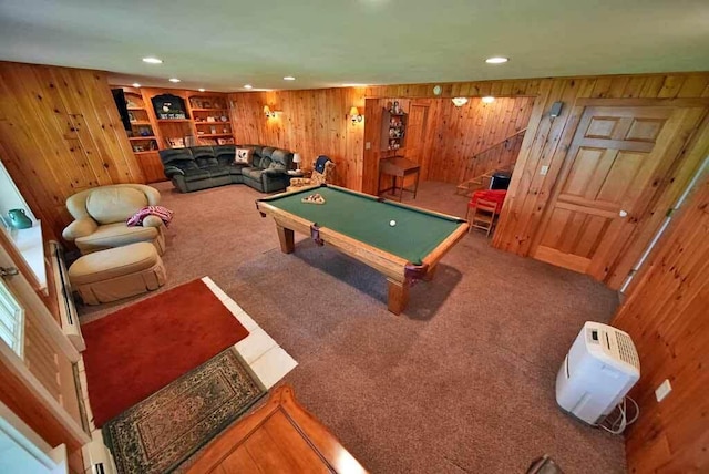 rec room with wood walls, billiards, and carpet floors