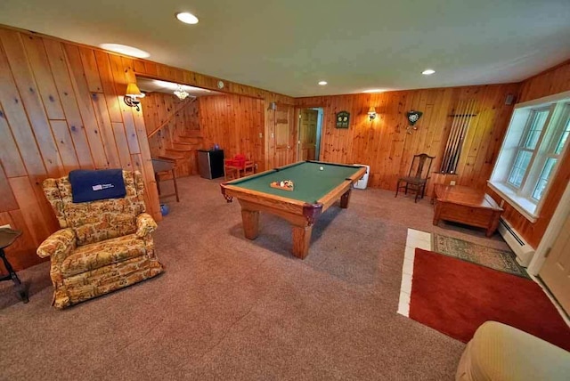 playroom with wood walls, baseboard heating, billiards, and carpet floors